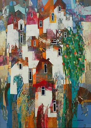 Alicja Słaboń Urbaniak - A town with a blooming tree