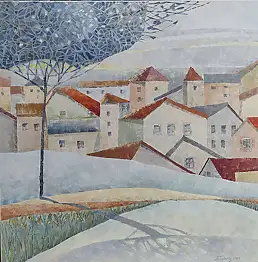 Ewa Tyburcy, Город за холмом, Масляная картина - холст, 100 x 100