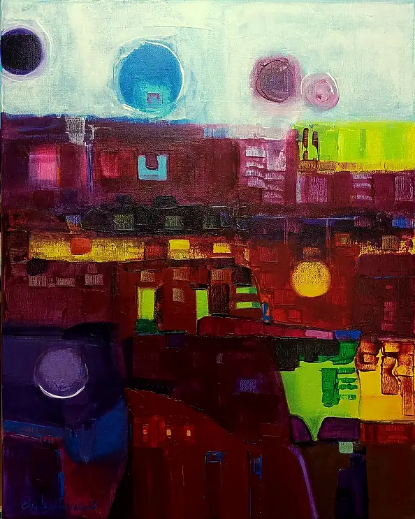 Ewa Boińska, La città sotto tre lune, Dipinto acrilico - tela, 40 x 50