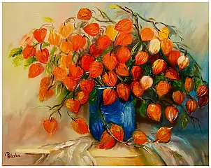 Grażyna Potocka, Physalis bouquet oil painting 40cm-50cm, Oil painting - canvas, 50 x 40