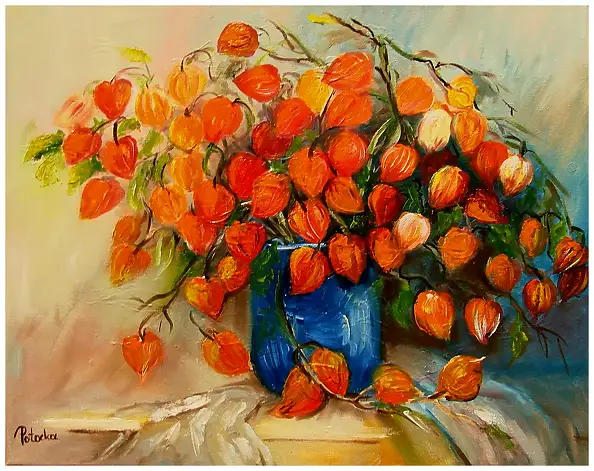 Grażyna Potocka, Physalis bouquet oil painting 40cm-50cm, Oil painting - canvas, 50 x 40