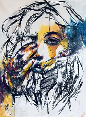 Anna Wojtacha, Między ciszą a krzykiem , Decoupage, Gwasz , Kolaż, Obraz akrylowy, Techniki mieszane - płótno, 60 x 80