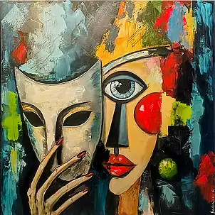 katarzyna nachajska, Entre le masque et le regard, Peinture acrylique - toile, 100 x 100