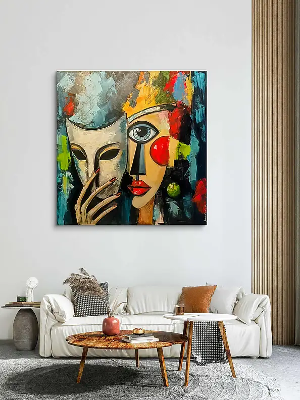 katarzyna nachajska, Entre le masque et le regard, Peinture acrylique - toile, 100 x 100