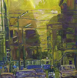 Bartek Rewilak, Städtische Infrastruktur, Acrylgemälde - Papier, Karton/Pappe, 70 x 100