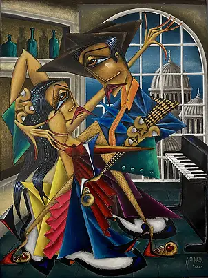 Robert Jadczak, Milonga e il vecchio pianoforte, Quadro a olio - tela, 60 x 80