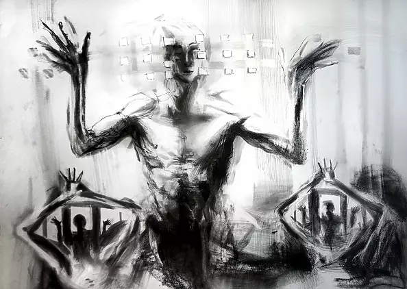 Dr Joanna Żochowska - Mirror Man, male act, charcoal on paper