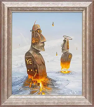 Jarosław Jaśnikowski, Moai of Fire and Ice, Oil painting - canvas, 60 x 70