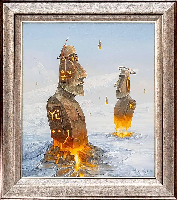 Jarosław Jaśnikowski, Moai of Fire and Ice, Oil painting - canvas, 60 x 70