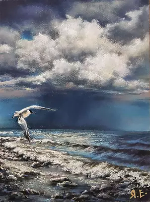Yana Yeremenko - "Moment before" seascape with a seagull pastel drawing