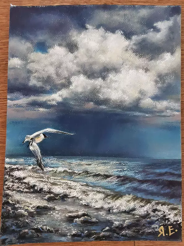 Yana Yeremenko - "Moment before" seascape with a seagull pastel drawing