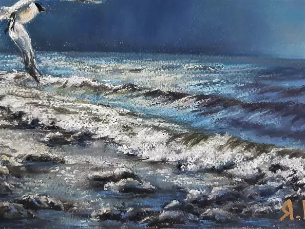 Yana Yeremenko - "Moment before" seascape with a seagull pastel drawing