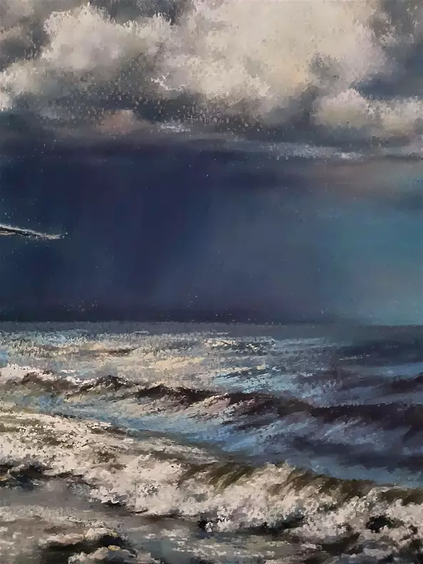 Yana Yeremenko - "Moment before" seascape with a seagull pastel drawing