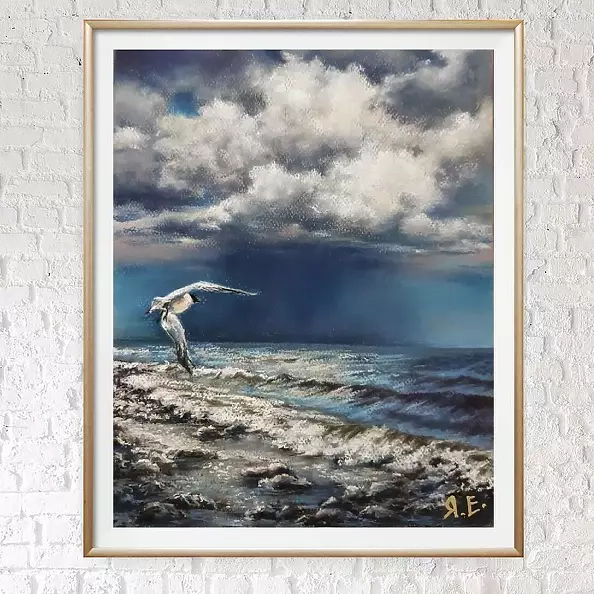 Yana Yeremenko - "Moment before" seascape with a seagull pastel drawing