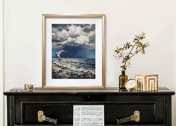 Yana Yeremenko - "Moment before" seascape with a seagull pastel drawing