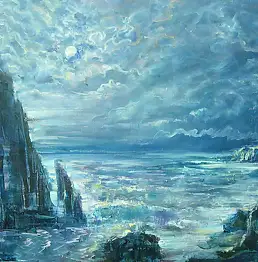 Kazimierz Komarnicki, Море и скалы. Полная луна, Масляная картина - холст, 60 x 50