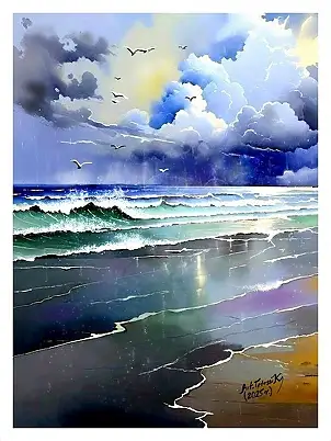 Teresa Kopańska, Il mare, il vento e le tempeste creano strisce colorate sulle tue onde, Acquarelli, Guazzo - carta, 21 x 30