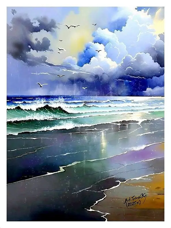 Teresa Kopańska, Il mare, il vento e le tempeste creano strisce colorate sulle tue onde, Acquarelli, Guazzo - carta, 21 x 30