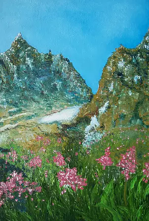   - Mountain landscape with flowers