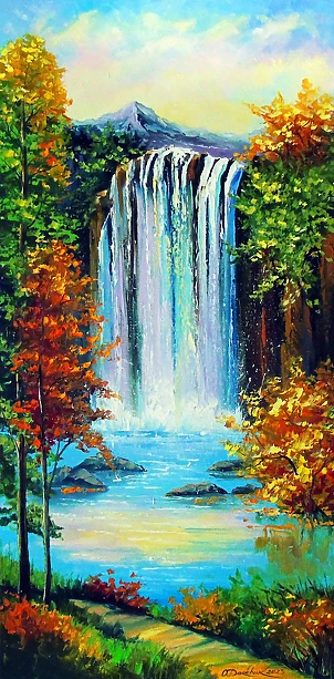 Olha Darchuk - Mountain waterfall by the lake