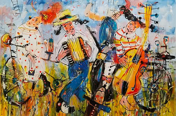 Dariusz Grajek, Muzycy na rowerze..., Obraz akrylowy, Obraz olejny - płótno, 120 x 80