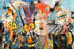 Dariusz Grajek, Muzykujacy kwartet i tandem..., Obraz akrylowy - płótno, 117 x 80