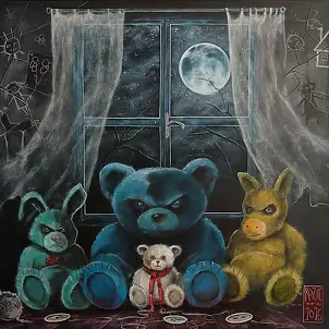 Dariusz Franciszek Różyc, ''NOC ŻYWYCH PLUSZAKÓW'' cykl ''Nie tak odległe..'', Obraz akrylowy - płótno, 40 x 40