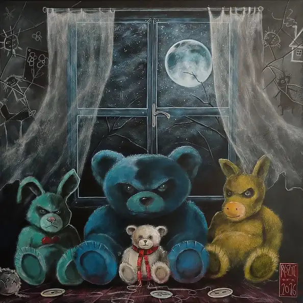 Dariusz Franciszek Różyc, ''NOC ŻYWYCH PLUSZAKÓW'' cykl ''Nie tak odległe..'', Obraz akrylowy - płótno, 40 x 40
