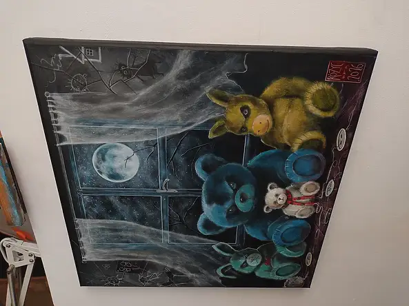 Dariusz Franciszek Różyc, ''NOC ŻYWYCH PLUSZAKÓW'' cykl ''Nie tak odległe..'', Obraz akrylowy - płótno, 40 x 40