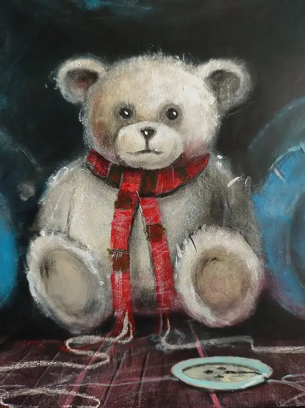 Dariusz Franciszek Różyc, ''NOC ŻYWYCH PLUSZAKÓW'' cykl ''Nie tak odległe..'', Obraz akrylowy - płótno, 40 x 40