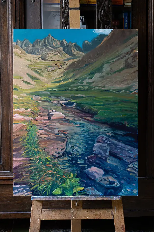 Wojciech Pater, Oltre il torrente di montagna, Quadro a olio - pannello, 60 x 80