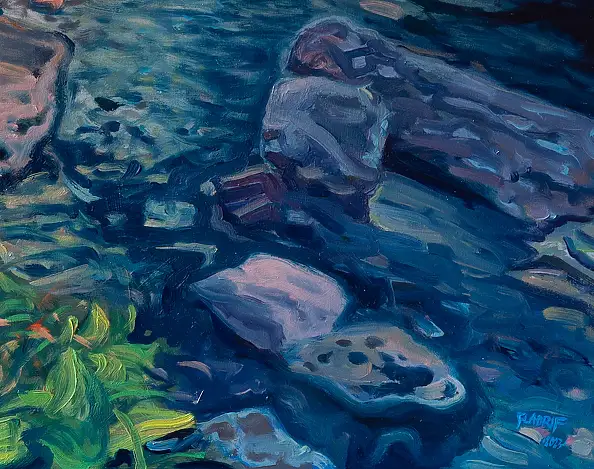 Wojciech Pater, Oltre il torrente di montagna, Quadro a olio - pannello, 60 x 80