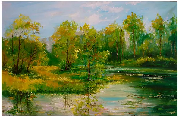 Grażyna Potocka - Peinture à l'huile « Au bord de l'eau », 63 cm x 97 cm
