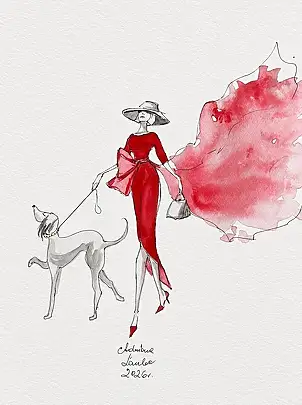 Adriana Laube, "Just a walk with the dog", Watercolors, Other - paper, 30 x 42