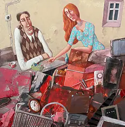 Wiktor Najbor, Niespodziewana wizyta w piwnicy Zenona, Obraz akrylowy - płótno, 40 x 40