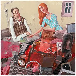 Wiktor Najbor, Una visita inaspettata nel seminterrato di Zenon., Dipinto acrilico - tela, 40 x 40