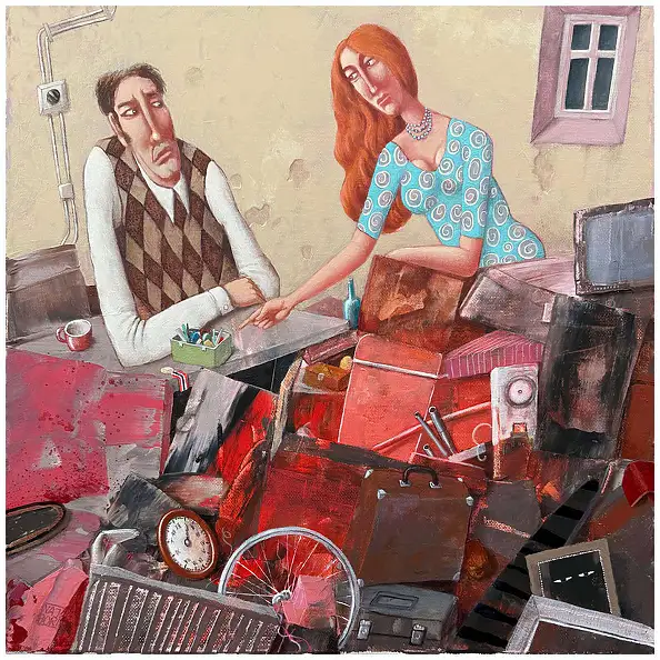Wiktor Najbor, Una visita inaspettata nel seminterrato di Zenon., Dipinto acrilico - tela, 40 x 40