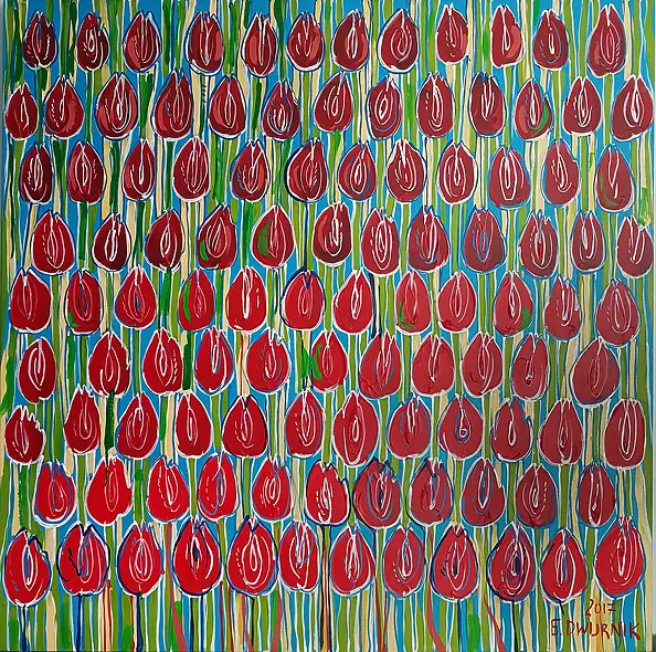 Edward Dwurnik - OIL PAINT Red tulips - 100x100 cm