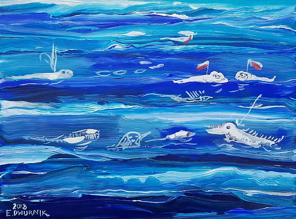 Edward Dwurnik - OIL PAINT - Sea - Polish defense drones, underwater