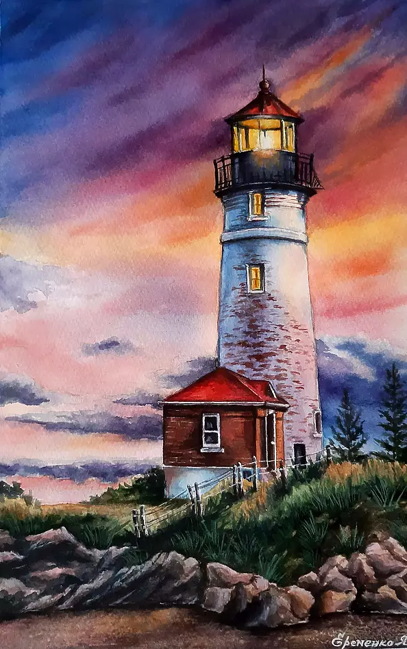 Yana Yeremenko - "OLD LIGHTHOUSE" watercolor drawing