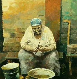 Jacek Adamczyk, ,, Peeling potatoes ", Oil painting - canvas, 62 x 80