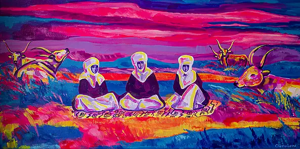 Oksana Chumakova, Das Gemälde „Weit in der Steppe“., Acrylgemälde - Leinwand, 100 x 50