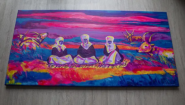 Oksana Chumakova, Das Gemälde „Weit in der Steppe“., Acrylgemälde - Leinwand, 100 x 50