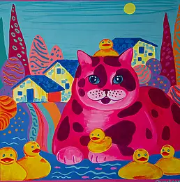 Oksana Chumakova, Das Gemälde „Die Fischerkatze“, Acrylgemälde - Leinwand, 60 x 60