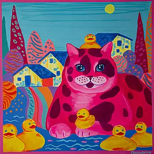 Oksana Chumakova, Das Gemälde „Die Fischerkatze“, Acrylgemälde - Leinwand, 60 x 60