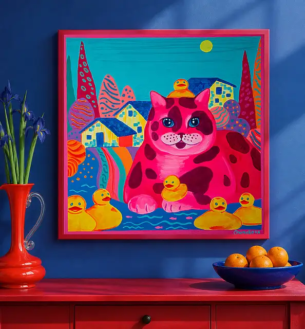 Oksana Chumakova, Das Gemälde „Die Fischerkatze“, Acrylgemälde - Leinwand, 60 x 60