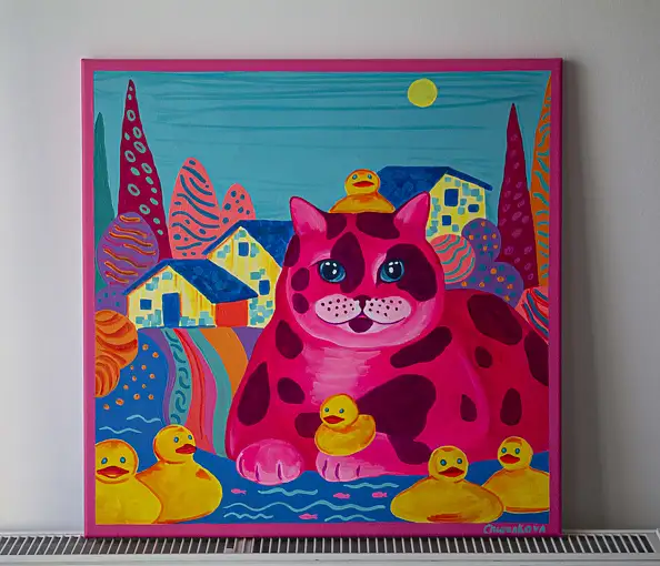 Oksana Chumakova, Das Gemälde „Die Fischerkatze“, Acrylgemälde - Leinwand, 60 x 60