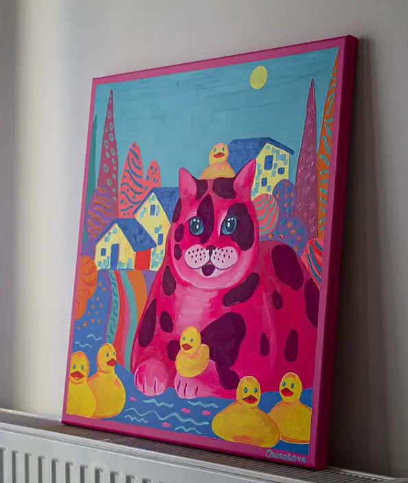 Oksana Chumakova, Das Gemälde „Die Fischerkatze“, Acrylgemälde - Leinwand, 60 x 60