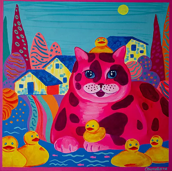 Oksana Chumakova, Das Gemälde „Die Fischerkatze“, Acrylgemälde - Leinwand, 60 x 60