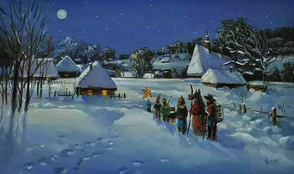 Damian Gierlach - Obraz Pejzaż zimowy PODKARPACKA KOLĘDA 1910 Gierlach